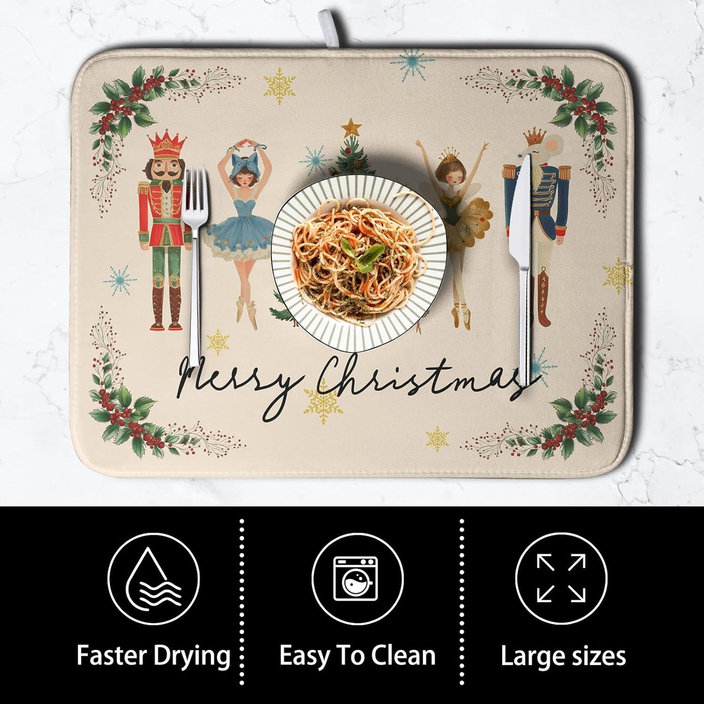 Merry Christmas Nutcracker Dish Drying Mat for Kitchen Counter 18x24 Inch Winter Xmas Tree Snowflakes Drying Mats Microfiber Absorbent Dish Drainer Washable Dish Rack Pad for Sink Coffee Bar