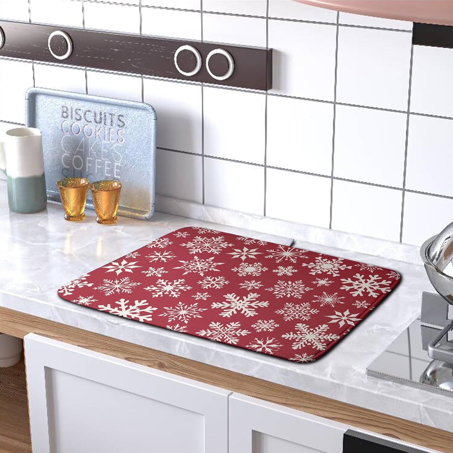Christmas Snowflakes Dish Drying Mat for Kitchen Counter 18x24 Inch Red White Winter Xmas Pattern Dish Drying Pad for Dishes Microfiber Absorbent Dish Drainer Rack Mats for Countertop
