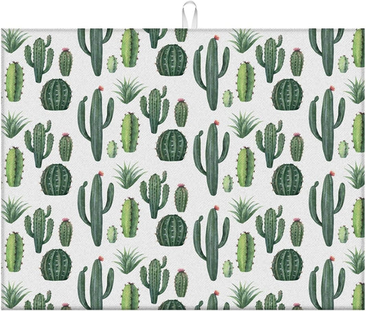 Dish Drying Mat For Kitchen Counter, Green Cute Cactus Microfiber Absorbent Dish Drainer Rack Pad Reusable Large 18x24in Drying Mat