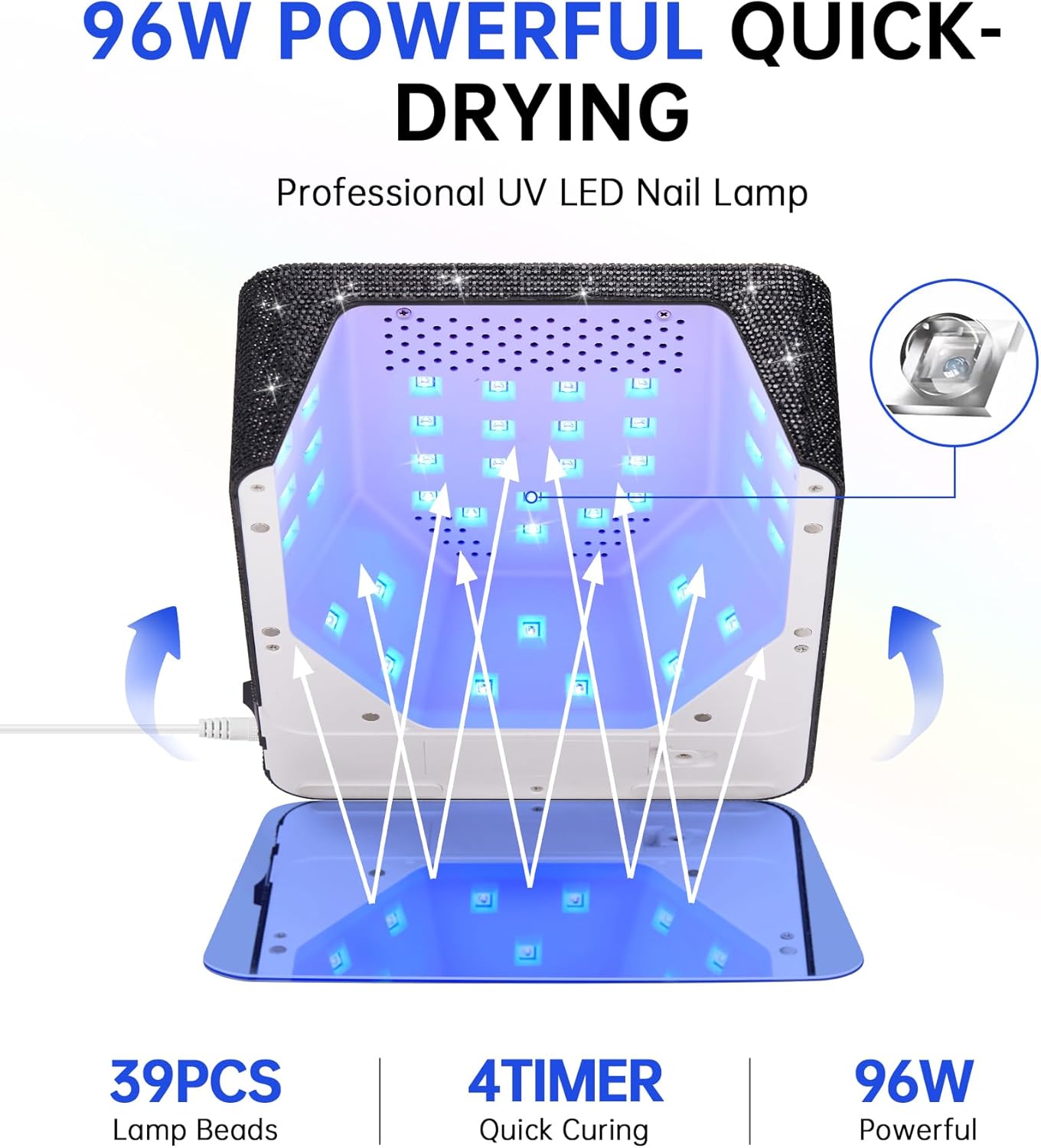 UV LED Nail Lamp 96W Nail Dryer Sparkly Gel Polish Light 4 Timer Setting Professional Quick Dry Curing Lamp with Display Auto Sensor for Salon & Home, Black