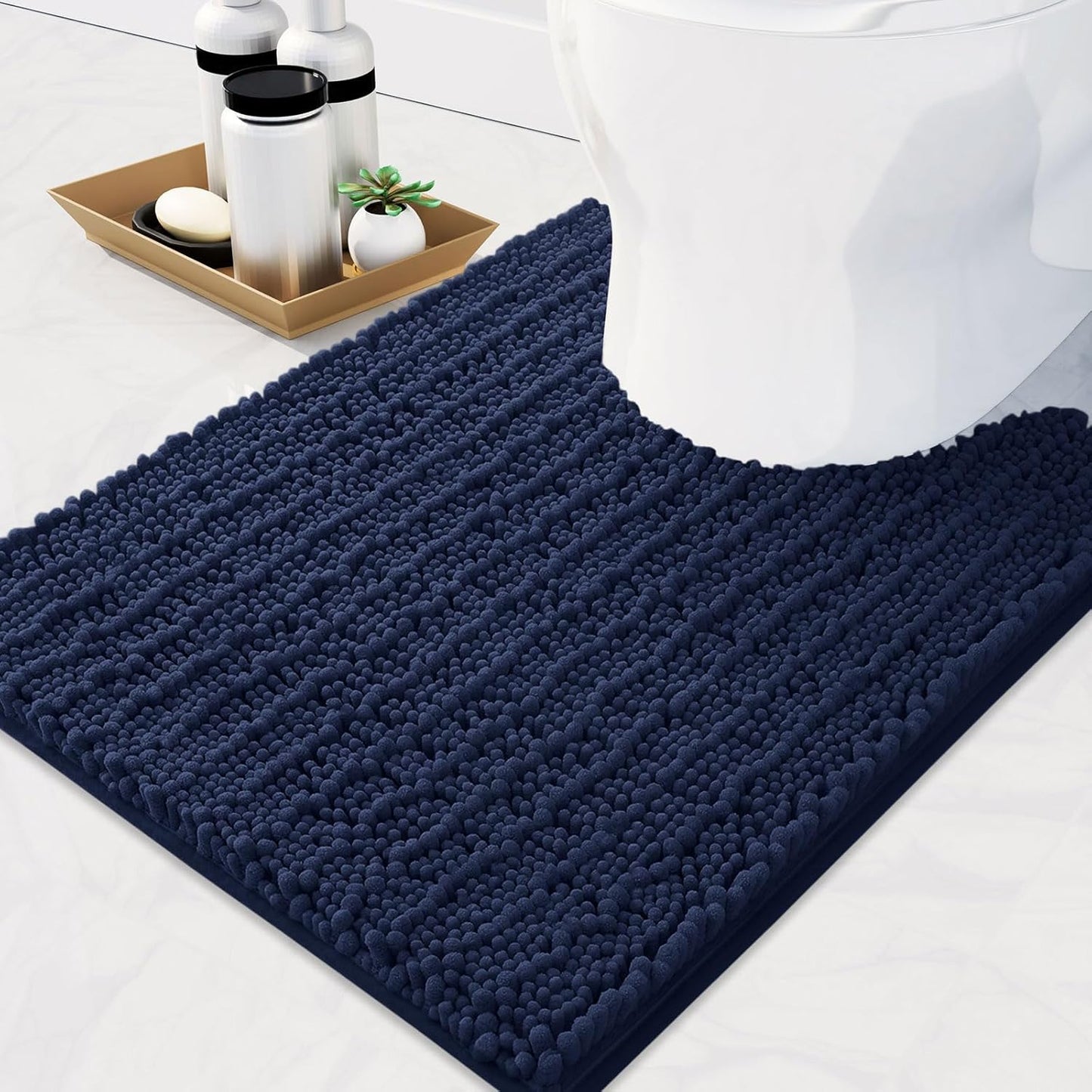 Arotive Luxury Chenille Toilet Rugs U-Shaped, Extra Soft Thick Absorbent Bathroom Mat, Non-Slip Shaggy Plush Contour Rugs, Machine Wash Dry Bath Mat for Toilet Base, 24x24, Navy
