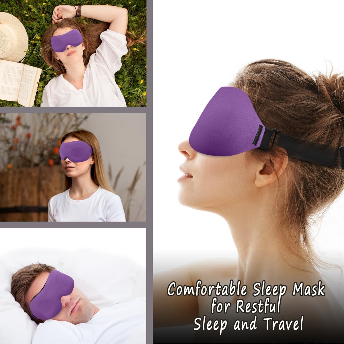 3D Sleep Mask for Side Sleepers – 100% Light Blocking Eye Mask for Sleeping, Zero Eye Pressure, Soft Breathable Memory Foam, Adjustable Strap for Travel, Men & Women (Purple)