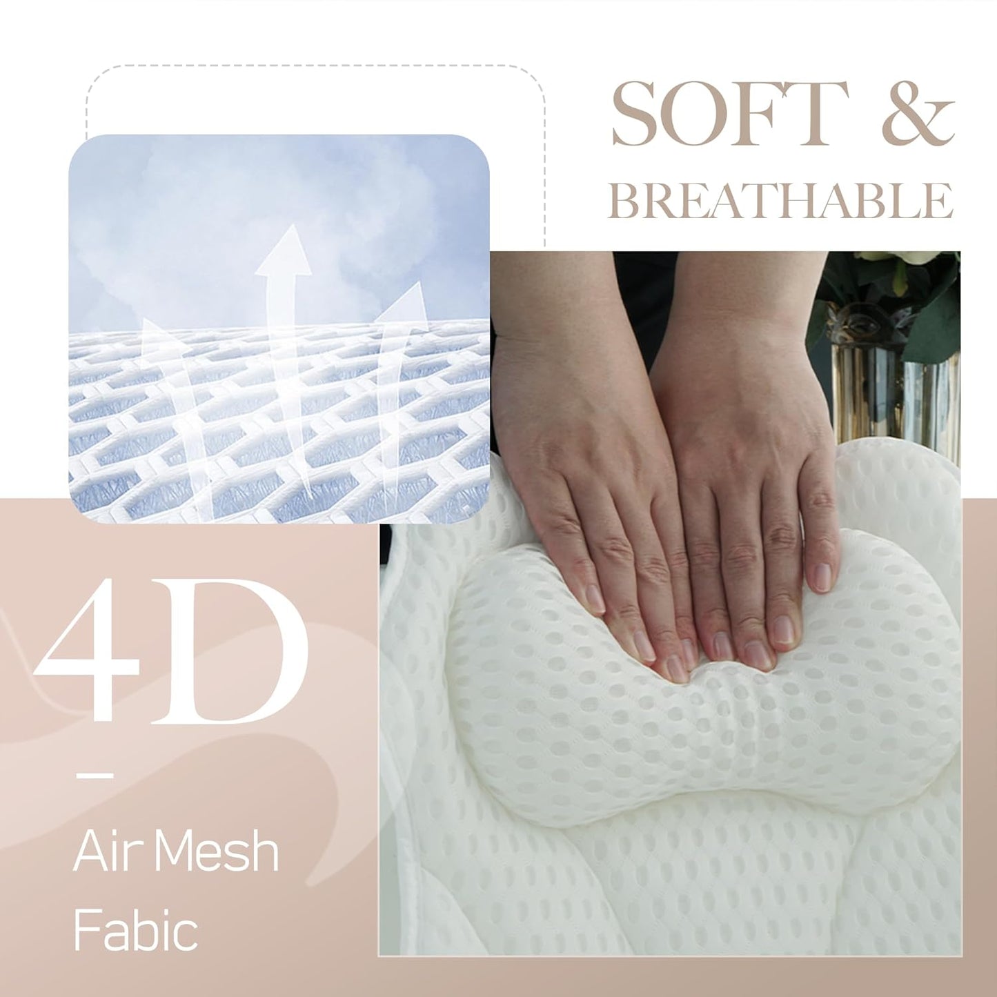 Bath Pillow for Tub, 4D Air Mesh Breathable Fabric, Soft Supportive Bathtub Cushion for Head Neck Back, Ergonomic Spa Pillow with Strong Suction Cups, Quick-Drying, Machine Washable (White)