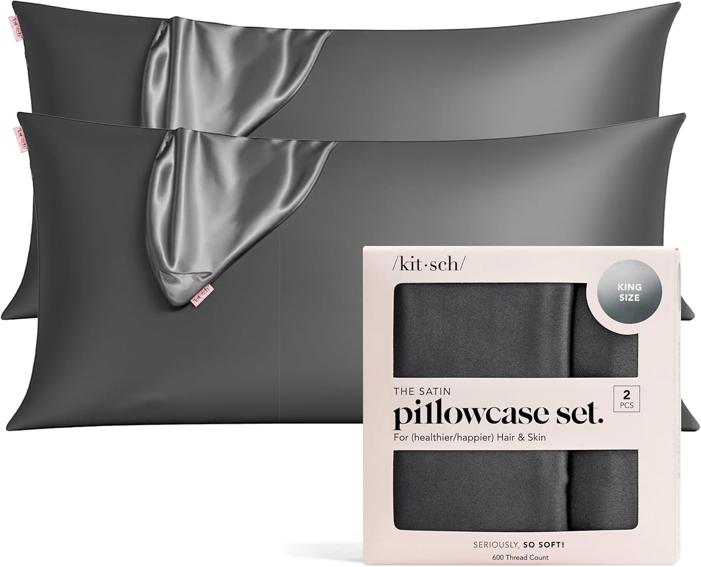 Kitsch Satin Pillowcase, Softer Than Silk Pillow Cases, Cooling Pillow Covers, King Size Pillow Cases Set of 2, Satin Pillowcase with Zipper for Hair, Skin & Quality Sleep, 19"x36" Charcoal, 2pcs