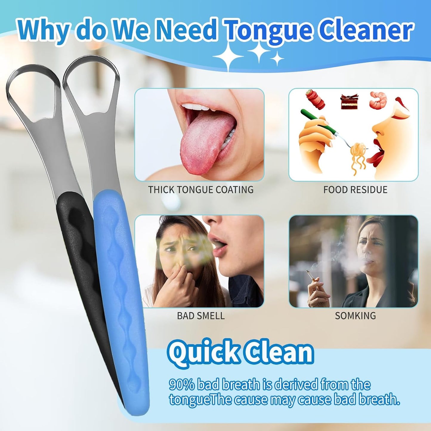 2-Pack Colorful Tongue Scraper for Adults with Travel Case, Stainless Steel, Metal Tongue Brush for Bad Breath, Oral Hygiene Tool, Easy to Use & Portable