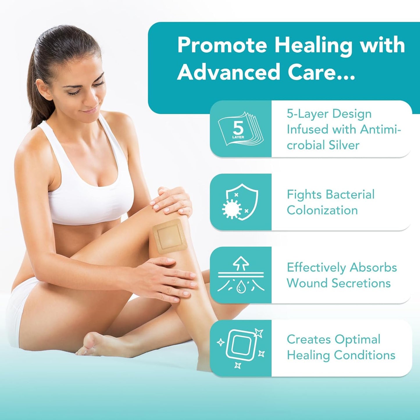 Silicone Foam Dressing Ag Sterile Wound Bandage with Waterproof Gentle Silicone Adhesive Border (5 Packs), 4"x 4" Breathable Ultra Absorbent Pads (4x4 Inch (Pack of 5))