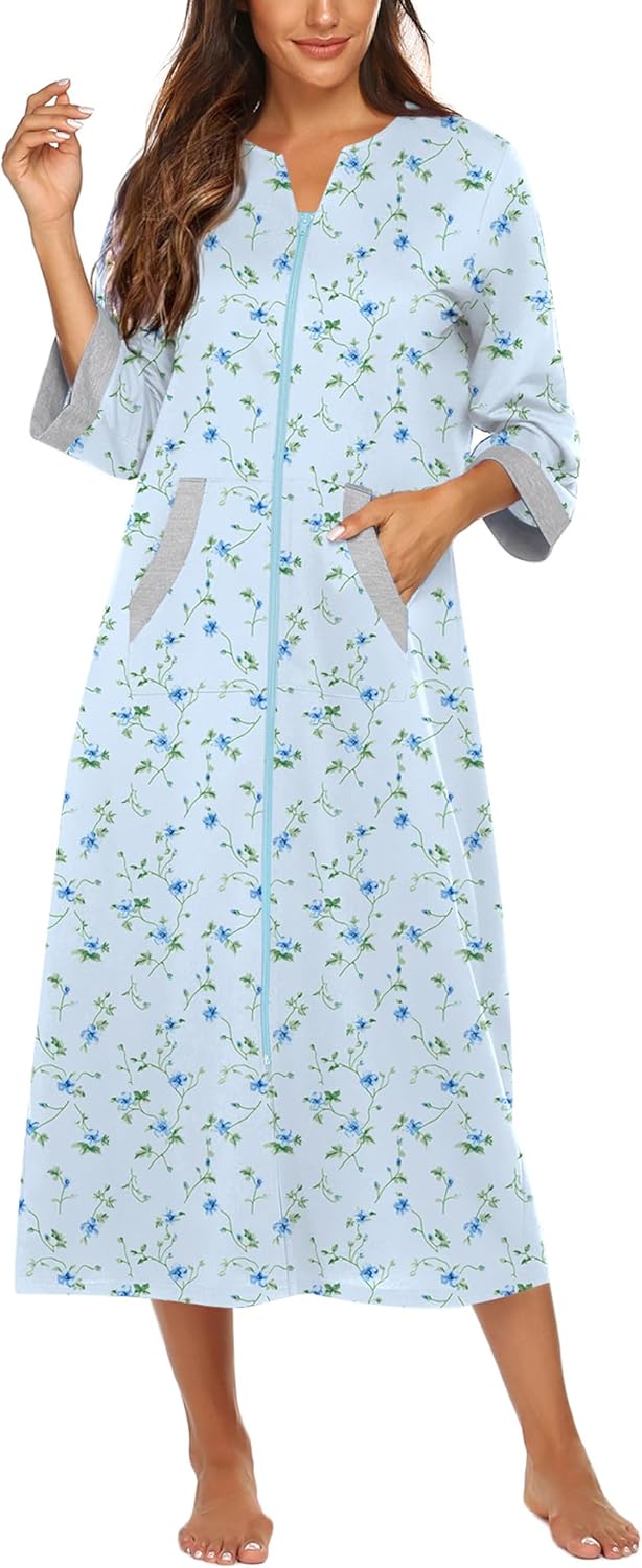 Ekouaer Women Zipper Robe 3/4 Sleeves Loungewear Dress Full Length Sleepwear Pockets Housecoat Nightgown Long Bathrobe