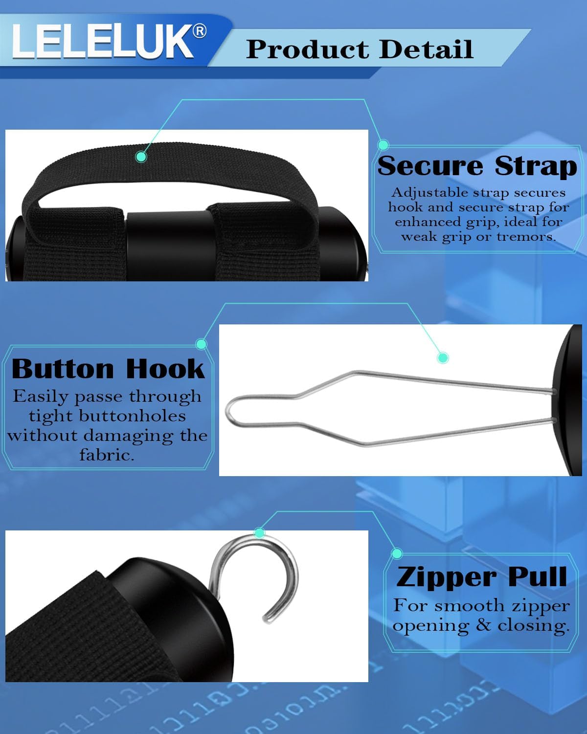 Button Hook and Zipper Pull with Strap for One-Handed Dressing - Adaptive Clothing Aid for Seniors, Disabled, Arthritis - Non-Slip Ergonomic Handle for Easy Buttoning - Portable Dressing Tool