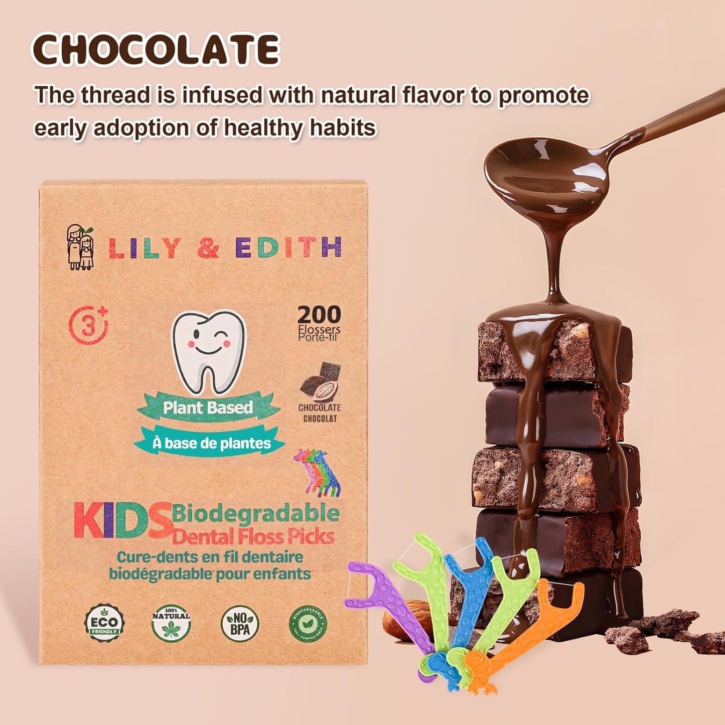 LILY & EDITH Kids Plant Based Dental Floss Picks 200 Counts, Fluoride Free, Corn Starch Material, Chemical Free, Fun Animal Flossing Sticks, Ultra Sturdy Thread, Zero Waste Package (Chocolate)
