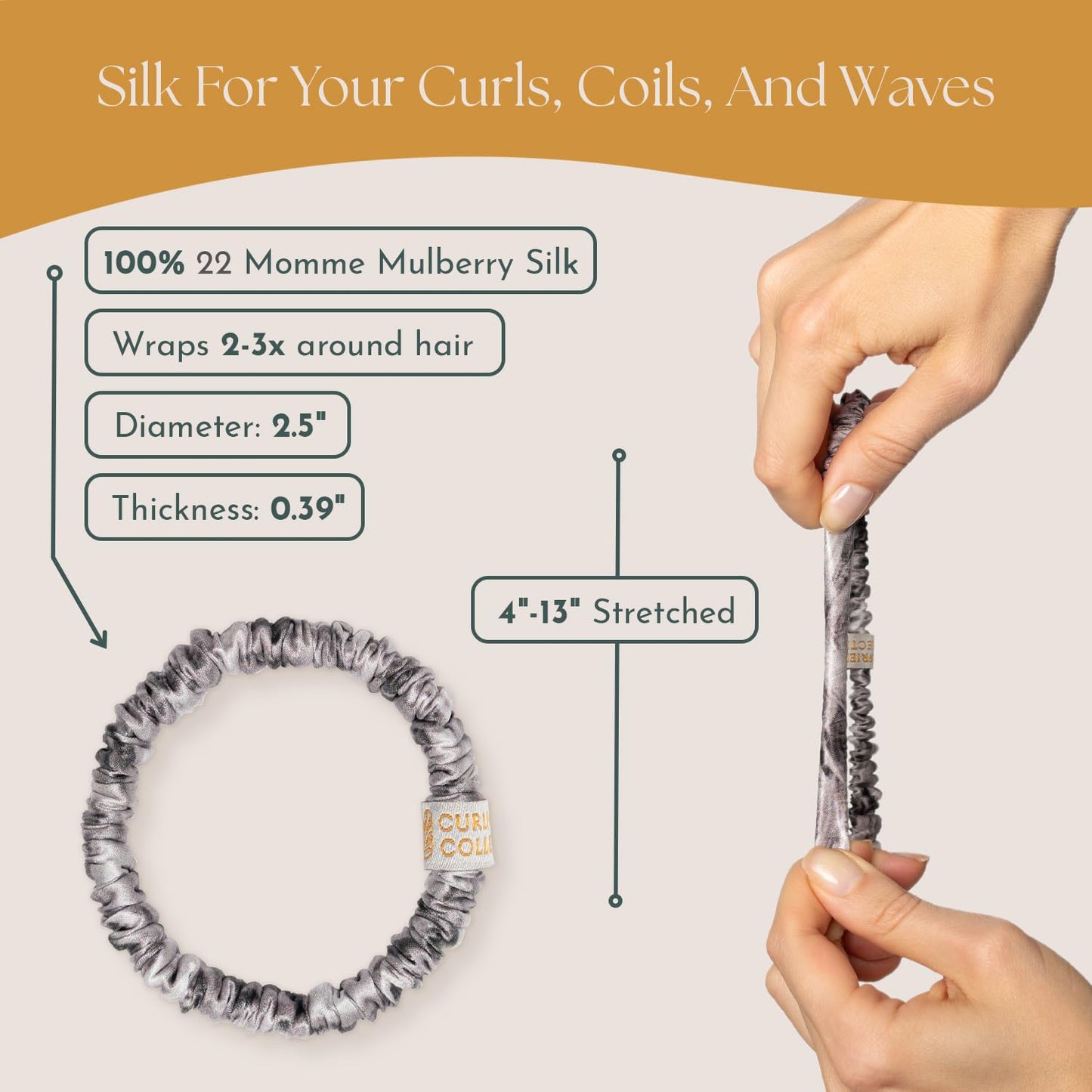 Authentic Mulberry Silk Skinny Hair Match Scrunchies for Women, Anti Breakage Hair Ties for Curly Thick & Thin Hair, 100% Silk for Buns & Ponytail, Silver/Deep Grey (4 Pack)