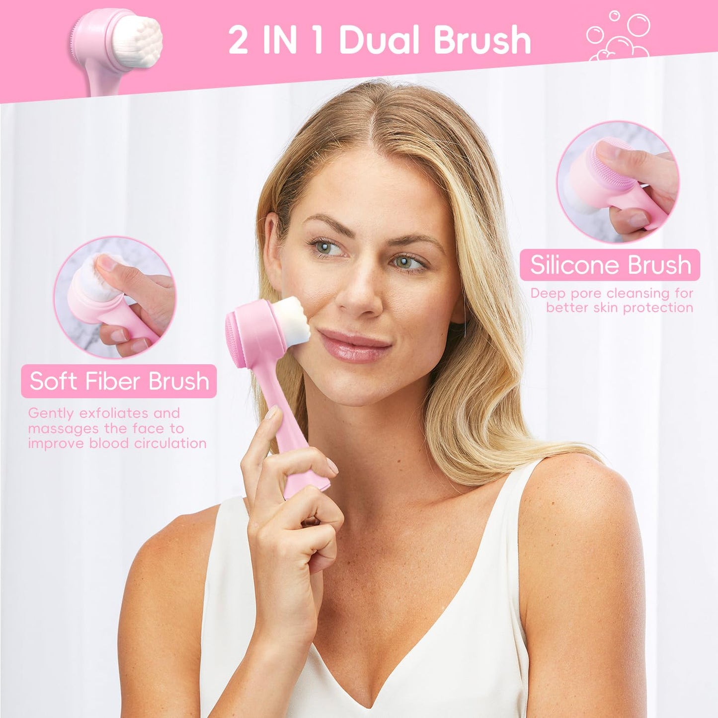 Spa Headband for Washing Face, Skincare headband and wristband set, Facial Cleansing Brush, 2-in-1 Skin Care face Brush, Come with a Hair Scrunchie, For Massaging Makeup Skincare -Pink