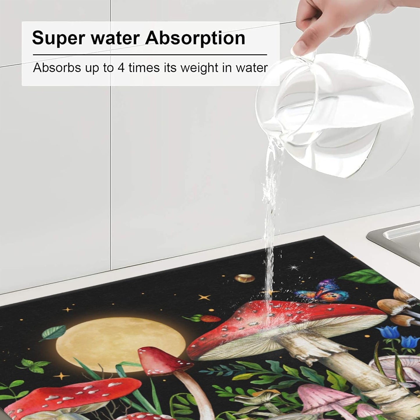 Mushroom Dish Drying Mat for Kitchen Counter Cute Decorative Dish Drainer Rack Mats 16x18 Inch Absorbent Reversible Witchy Drying Pad