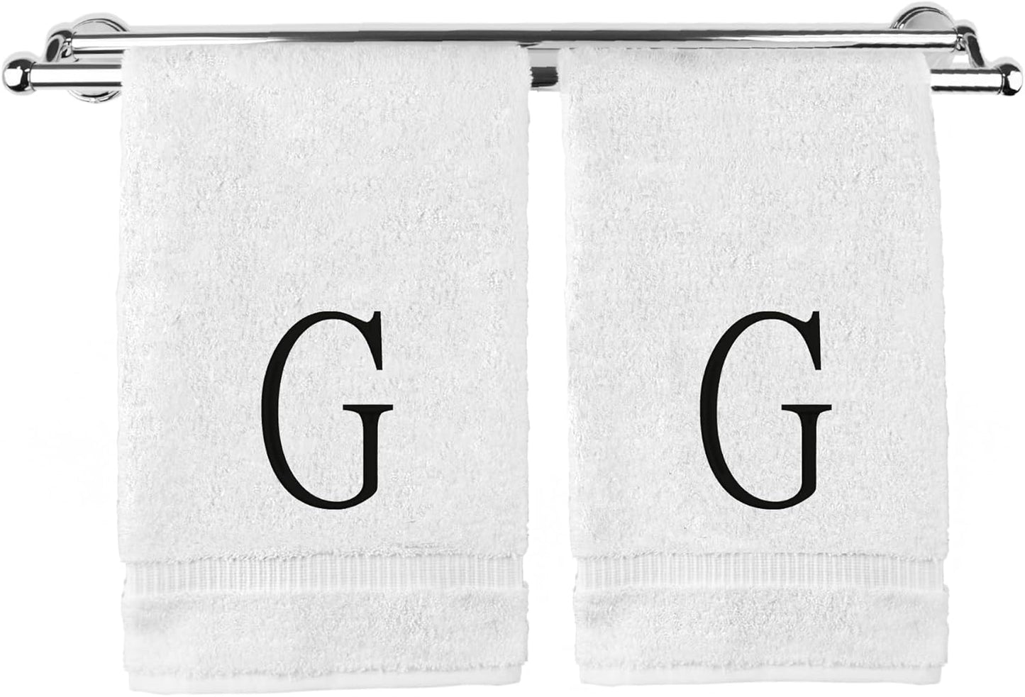 Monogrammed Hand Towel, Personalized Initial Gift, Extra Absorbent 100% Turkish Cotton - Soft Terry Finish - Set of 2 - Black Block Initial G - Embroidered on White Towels
