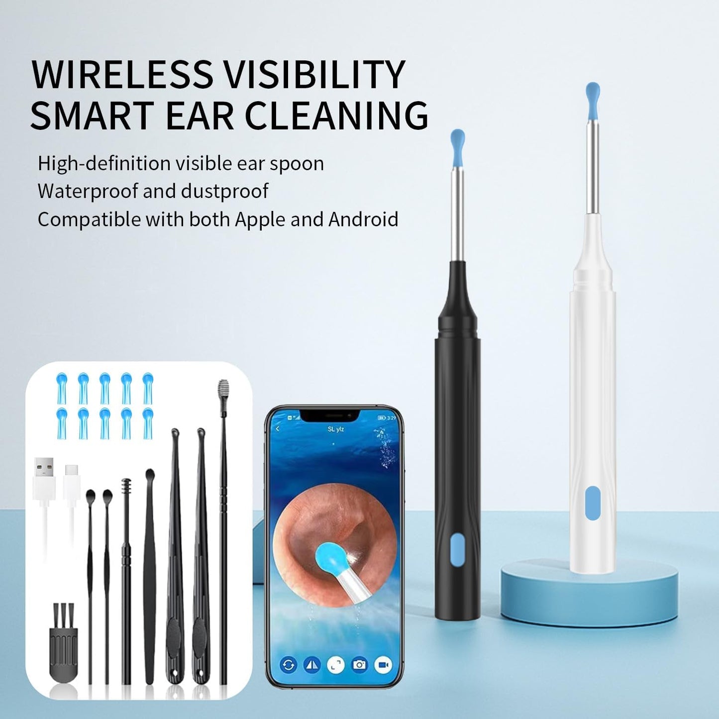 Wax Removal Tool for Ears, Earwax Remover Tools with 1080P Camera & 6LED Light & 8 Pcs Ear Set, Earwax Cleaning Kit with 10 Ear Spoon, Camera for iOS & Android (White)