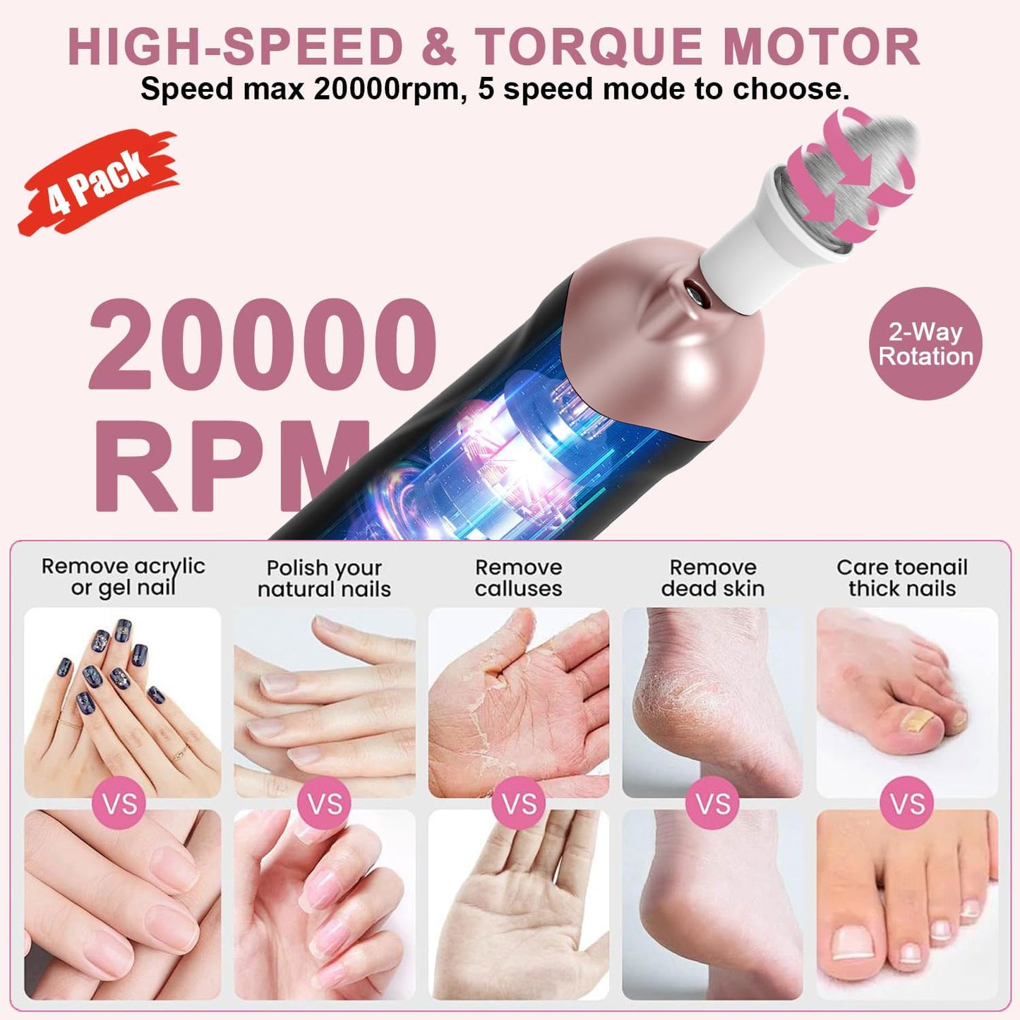 4 Pack Professional 9-in-1 Nail Drill Set: 100 Bits, Cordless Design, 5 Speeds for Manicure & Pedicure,Black