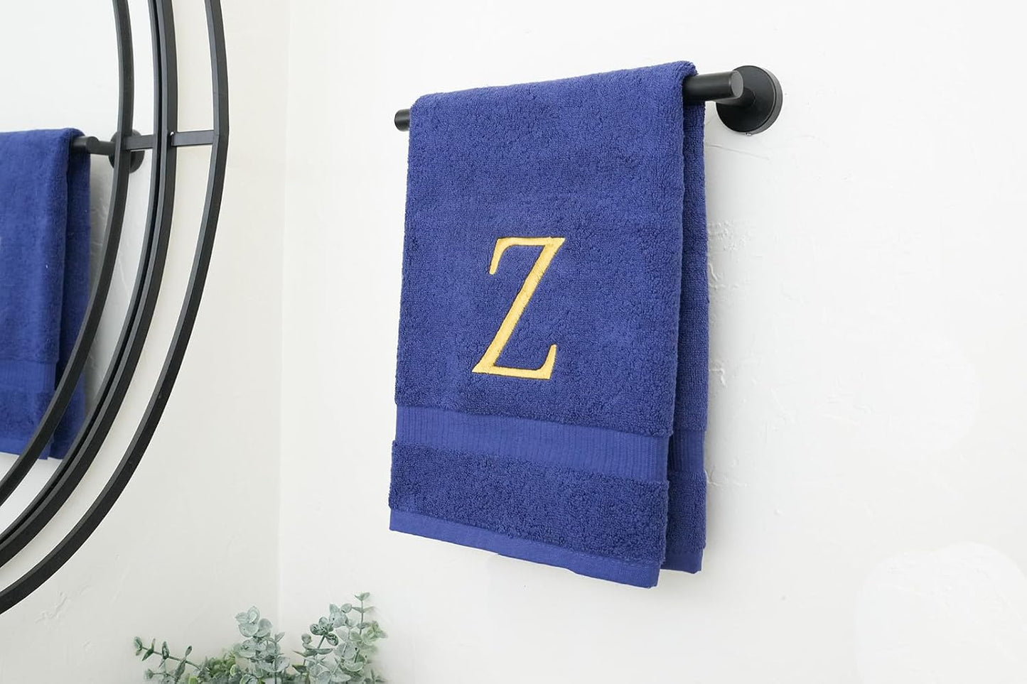 Navy Monogram Hand Towel for Bathroom - Monogrammed Initial Hotel Quality Decorative Embroidered Luxury Towel for Powder Room, Spa - GOTS Organic Certified - Set of 2 Letter Gold Z