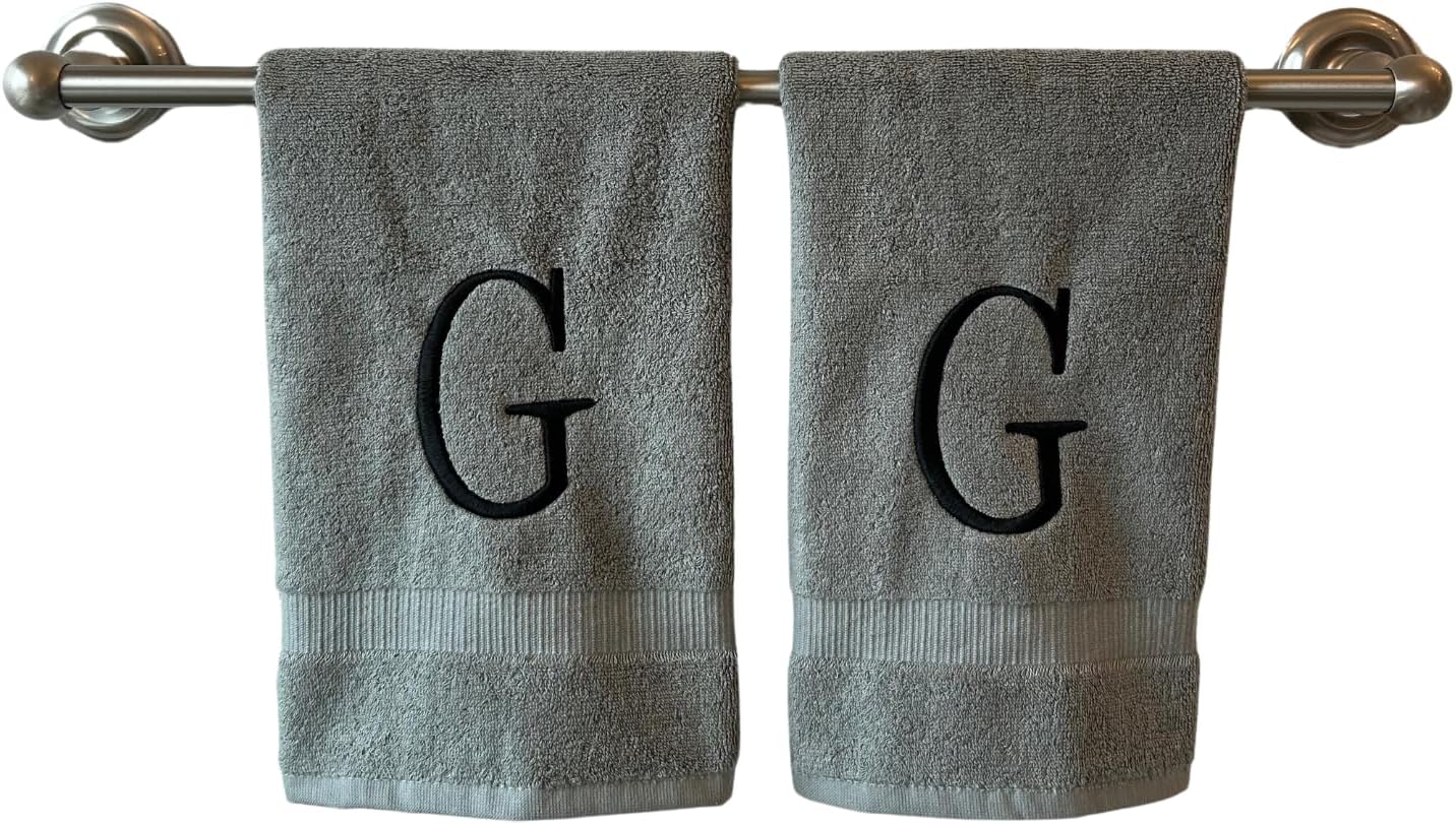 Gray Initial Hand Towel for Bathroom - Monogrammed Luxury Hotel Quality Decorative Embroidered Towel for Powder Room, Spa - GOTS Organic Certified - Set of 2 Black Letter G