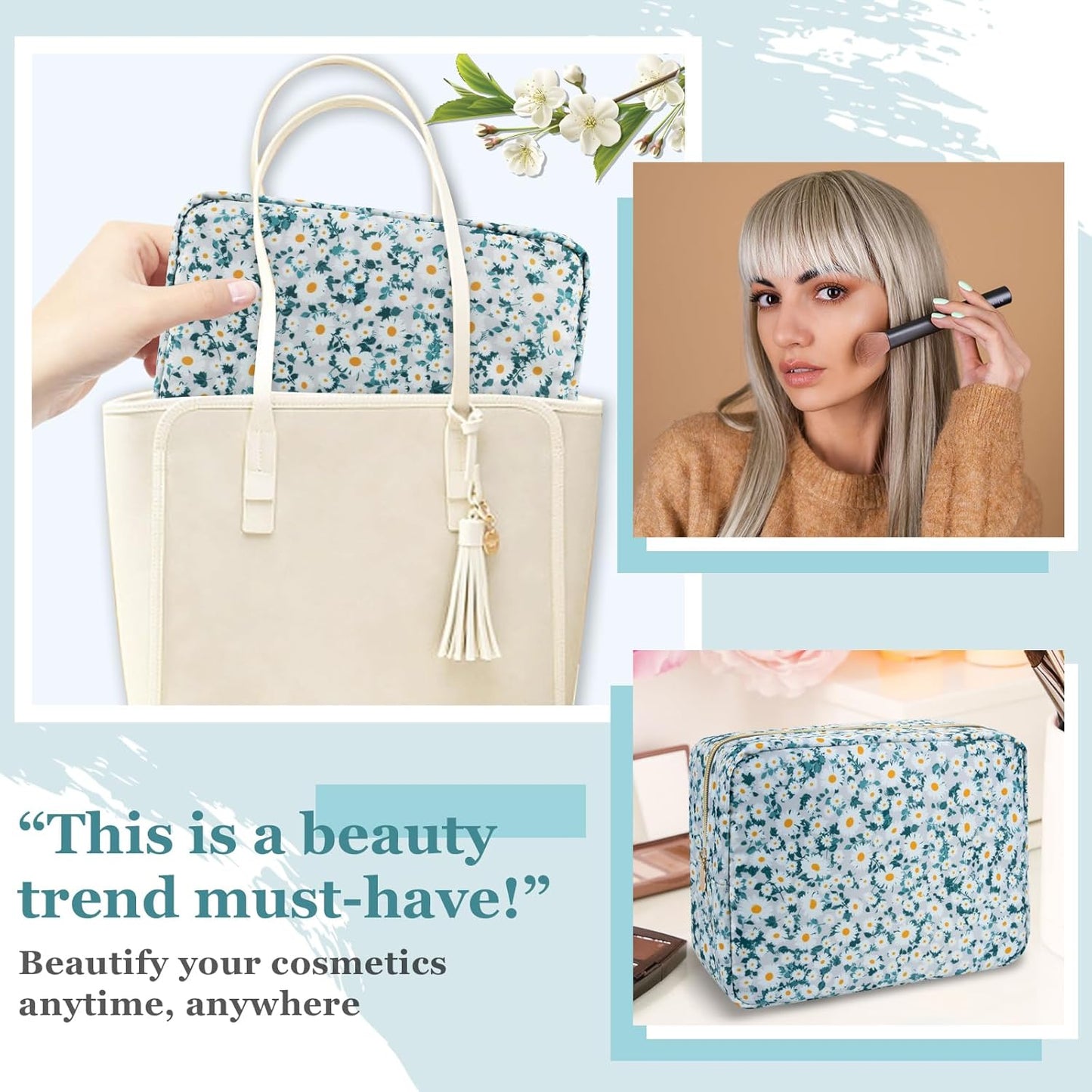 Nylon Large Floral Makeup Organizer Bag, Preppy Big Cute Flower Cosmetic Zipper Pouch Multi-compartment with Dividers, Waterproof Toiletry Makeup Brushes Bag Travel Essentials for Women(Green-Daisy)