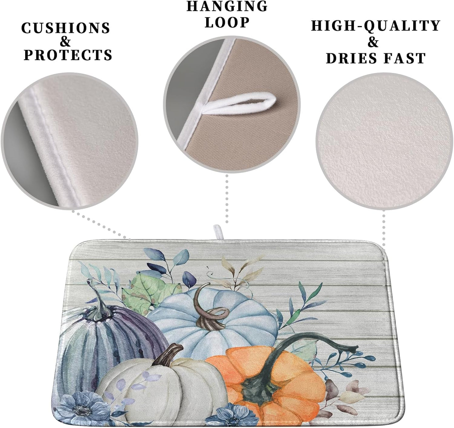 Fall Blue Orange Grey Pumpkin Kitchen Dish Drying Mat for Kitchen Counter 18x24 Inch Autumn Teal Flowers Drying Mat Thanksgiving Harvest Dish Drainer Mat Super Absorbent Dish Rack Pad for Coffee Bar