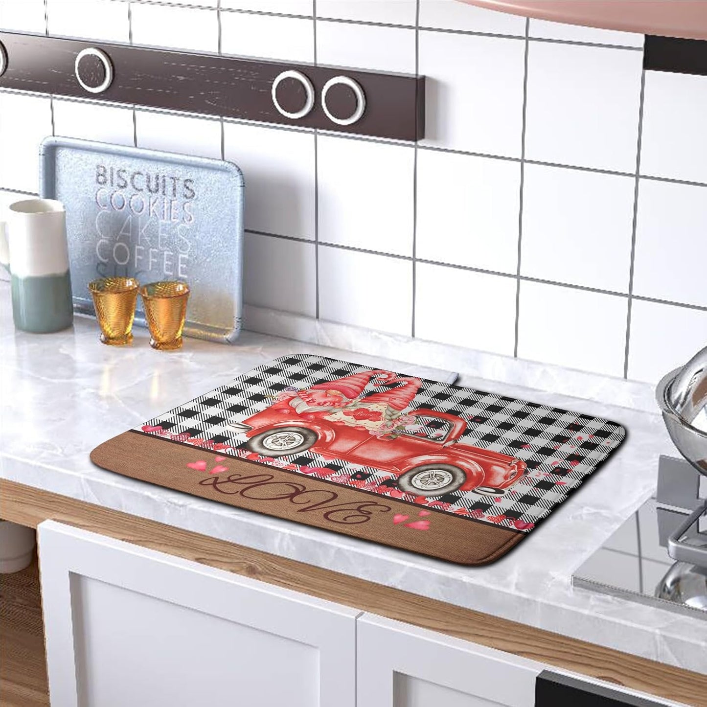 Valentine's Day Dish Drying Mats for Kitchen Counter, Buffalo Plaid Truck Kitchen Drying Mat, Love Heart Gnome Absorbent Dishes Pad 18 x 24 Inch - Farmhouse Decor Valentines Gift