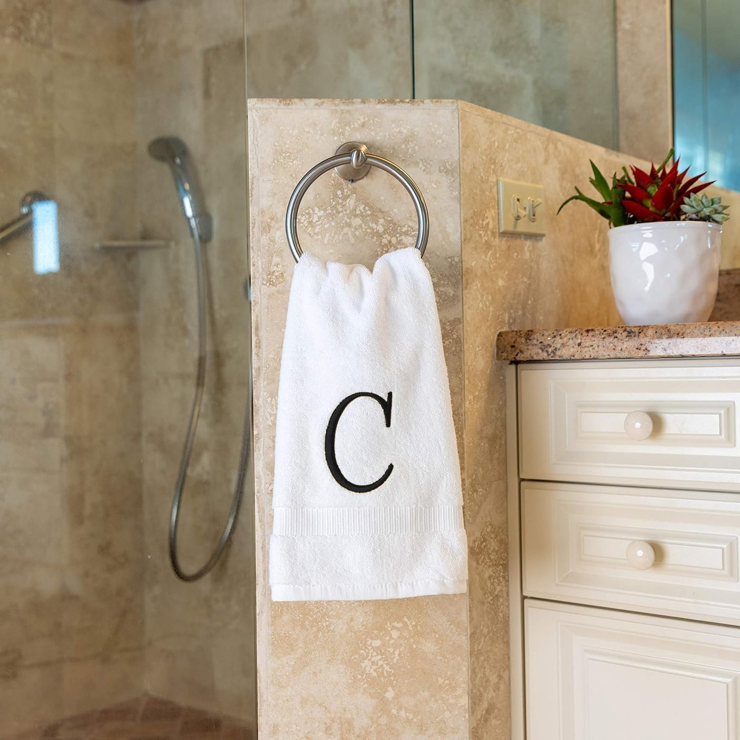 Black Initial Hand Towel for Bathroom - Monogrammed Luxury Hotel Quality Decorative Embroidered Towel for Powder Room, Spa - GOTS Organic Certified - Set of 2 Letter C