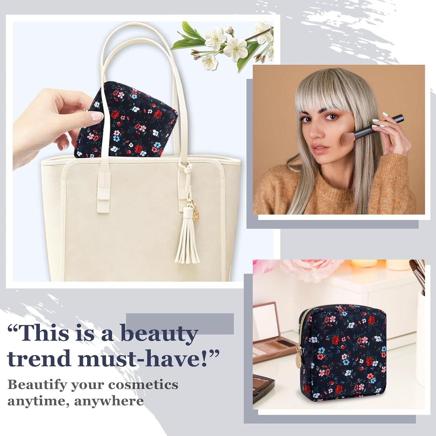 Nylon Mini Floral Makeup Bag for Purse, Small Cute Makeup Bag Preppy Cosmetic Zipper Pouch Purse, Waterproof Travel Coin Pouch Sanitary Napkin Storage Bag Makeup Organizer for Women(Navy Blue-Flower)