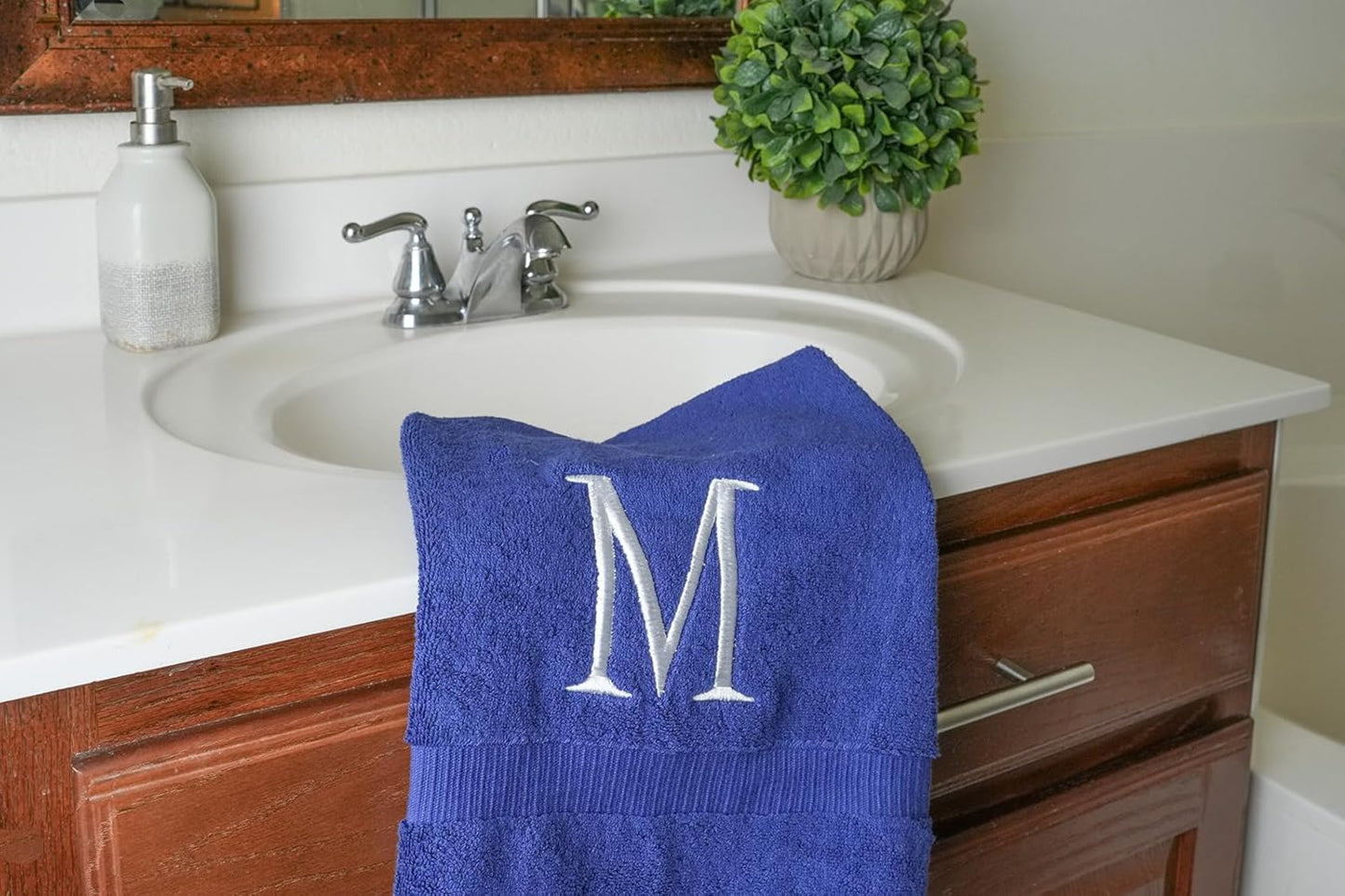 Navy Initial Hand Towel for Bathroom - Monogrammed Luxury Hotel Quality Decorative Embroidered Towel for Powder Room, Spa - GOTS Organic Certified - Pack of 2 - Letter M