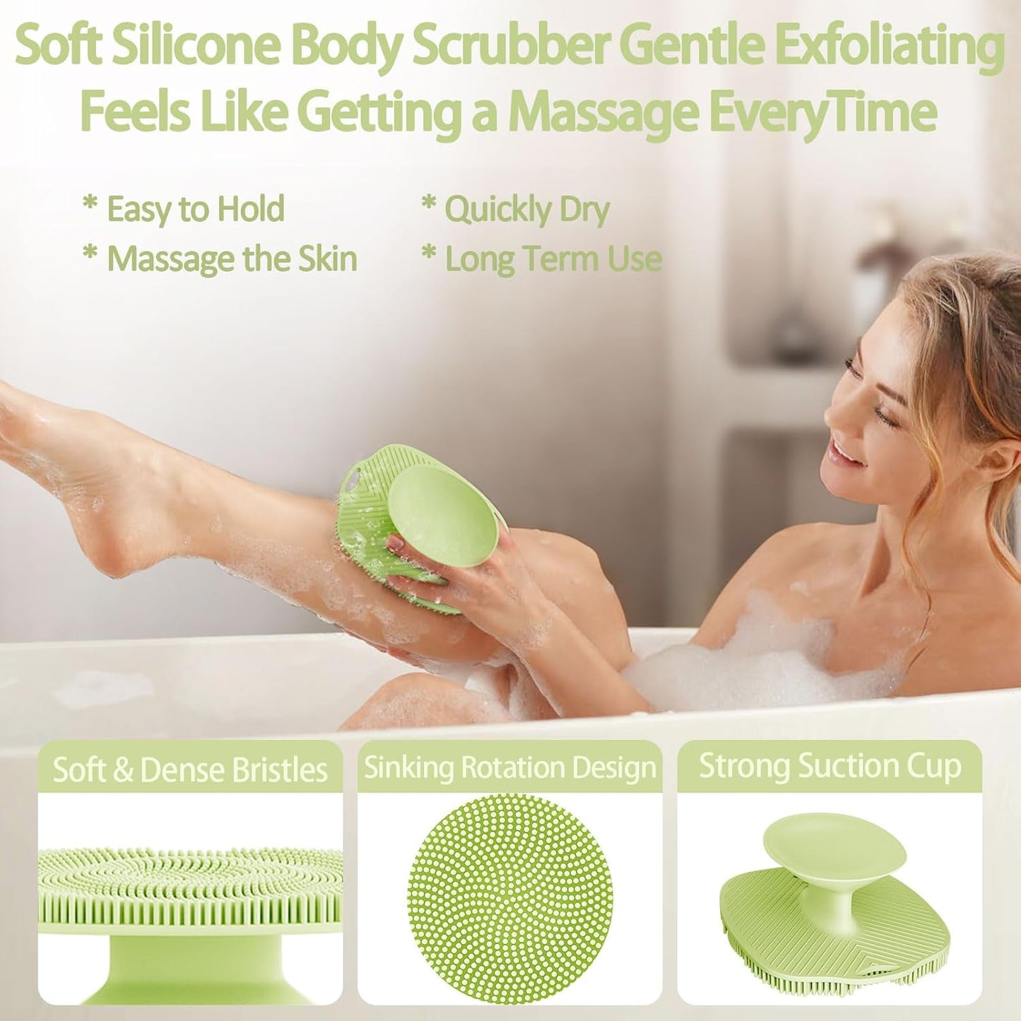 Soft Silicone Body Scrubber, Gentle Like a Hand Exfoliating Your Skin and Build Up Lather Easily, Back Large Suction Cup Easy to Store, Long-Lasting & Deep Clean （Green