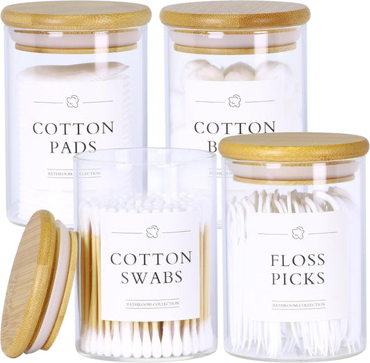 4 Pack Qtip Holder Dispenser - Glass Apothecary Jars with Lids, Cotton Ball Pad Swab Round Holder, Bamboo Bathroom Accessories, Bathroom Organizers Containers Jars Canisters with Lids