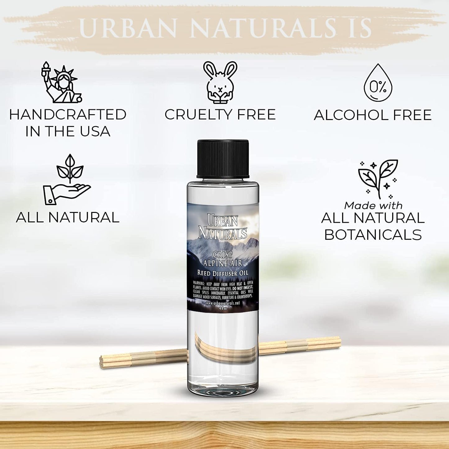 Urban Naturals Reed Diffuser Oil Refill, Crisp Alpine Air Diffuser Oils with Eucalyptus, Pine, Citrus, 4 oz + Free Reed Sticks, Made in The USA