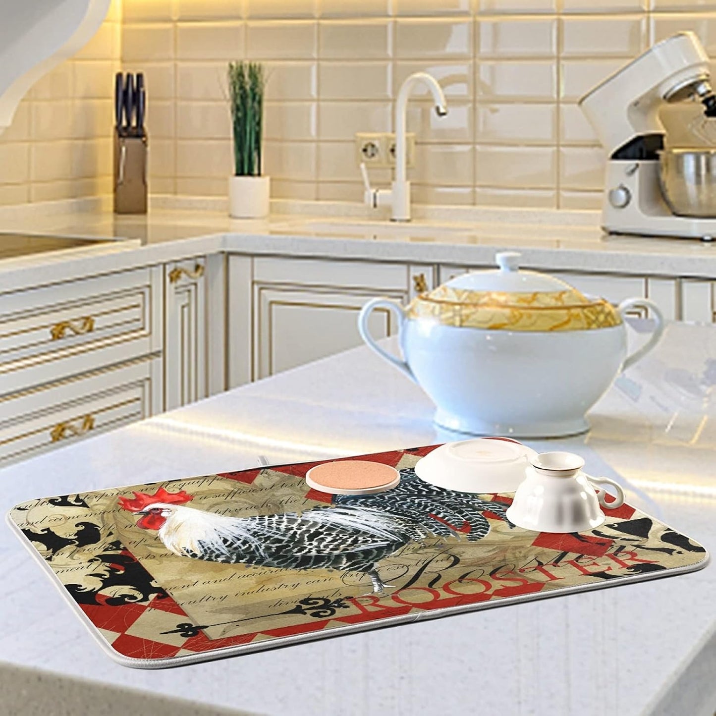 Dish Drying Mat for Kitchen Counter 18 x 16 Inch Rooster Vintage Domestic Farm Birds Microfiber Dish Mat Drying Pad Absorbent Dishes Pad Dish Drainer Rack Mats