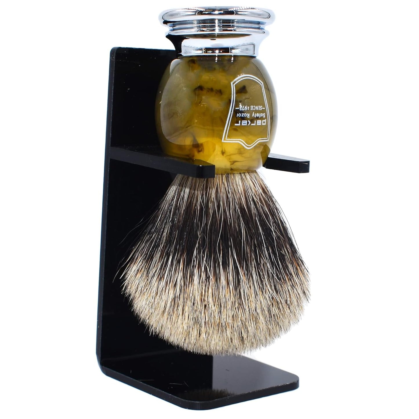 Parker 3-Band Pure Badger Shaving Brush with Faux Horn & Chrome Handle + Stand | 22mm Soft Knot for Dense Lather | Handcrafted Wet Shaving Brush for Cream or Soap | Long Loft