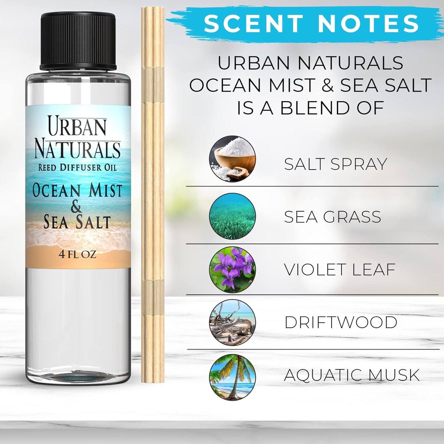 Urban Naturals Ocean Mist & Sea Salt Scented Oil Reed Diffuser Refill | Includes a Free Set of Reed Sticks! 4 oz.