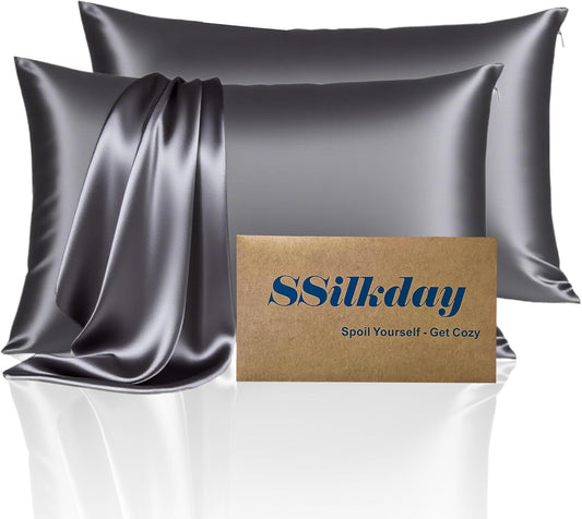 Mulberry Silk King Size Pillow Cases Set of 2, Ultra Smooth Soft Breathable Cooling Pillow Cases for Hot Sleepers, Silk Satin Pillowcases 2 Pack with Zipper for Hair and Skin, Gifts for Women