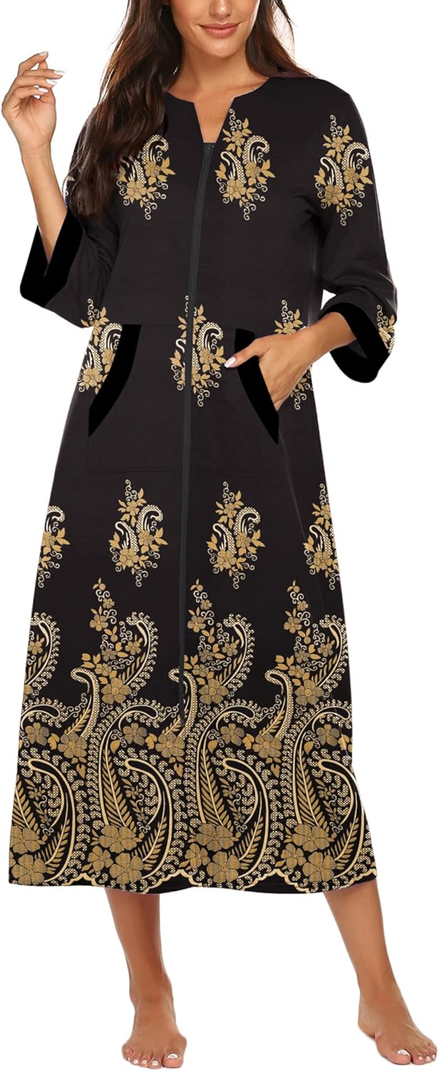 Ekouaer Women Zipper Robe 3/4 Sleeves Loungewear Dress Full Length Sleepwear Pockets Housecoat Nightgown Long Bathrobe