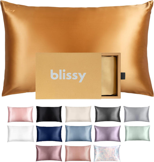 Blissy Silk Pillowcase - 100% Pure Mulberry Silk - 22 Momme 6A High-Grade Fibers - Silk Pillow Cover for Hair & Skin - Regular, Queen & King (Gold, Queen)