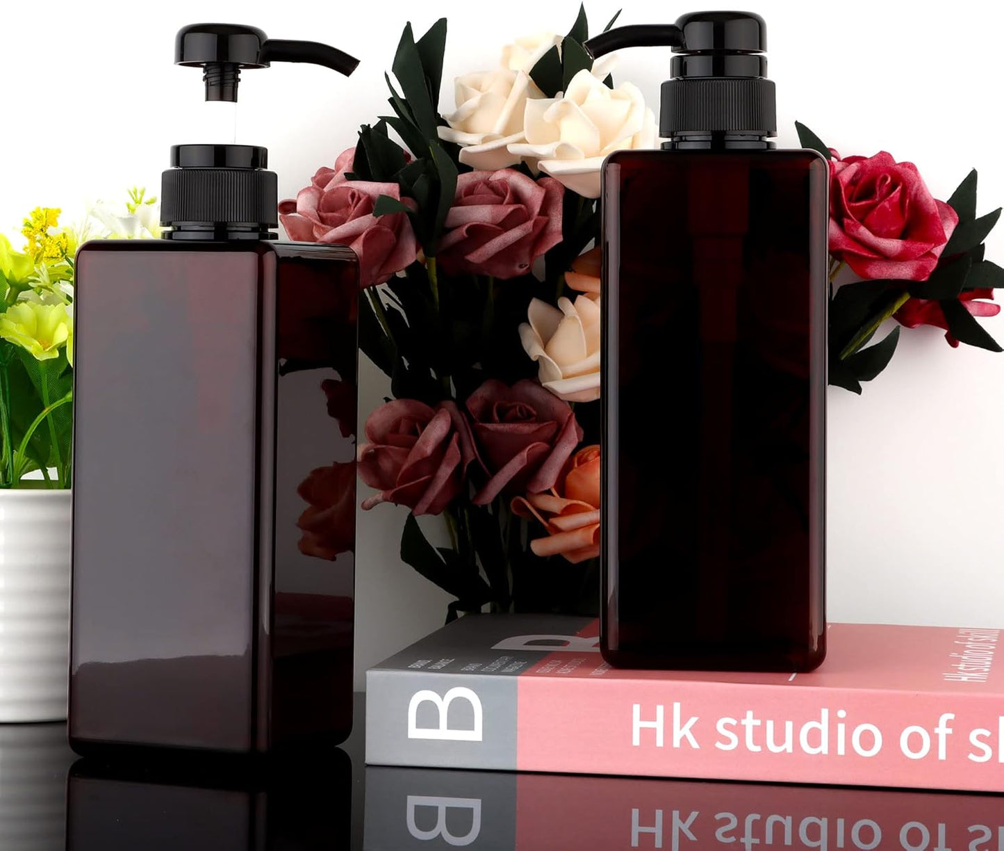 Pump Bottle Dispenser 22oz/650ml Jansburg 2Pack Refillable Square Plastic Lotion Dispenser Empty Lotion Pump Bottle for Essential Oil Lotion, Shampoo, Bathroom Travel Amber