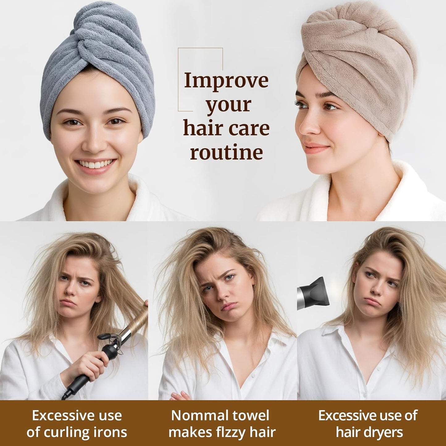 3 Pack Plush Yarn Hair Towel Wrap for Women, Super Absorbent & Quick Drying Turban, Anti Frizz Head Towel for Long, Thick, Curly Hair with Secure Button