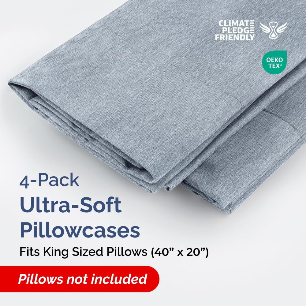 King Pillow Cases Set of 4 - Ultra Soft Hotel Quality Pillowcase Covers - Comfy, Cozy & Wrinkle Free - Shrinkage and Fade Resistant - Machine Washable Pillow Protectors - 4 Piece Set - Heathered Blue