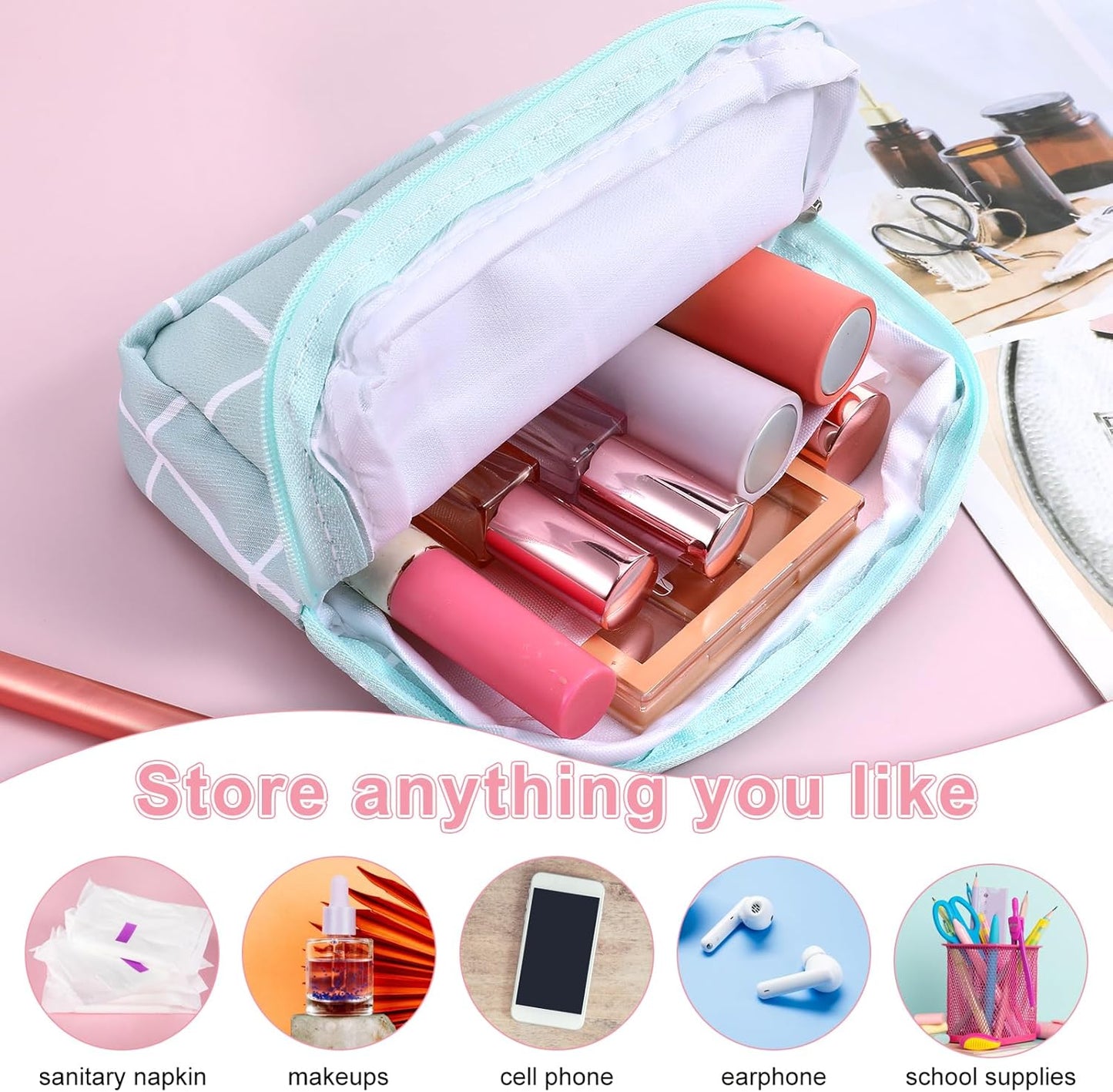 3PCS Pad Pouch for Women Period Bag Zippered Sanitary Storage Bag for Tampons, Pads, Menstrual Cup & Disc, Portable Feminine Hygiene Organizer, Tampon Holder Travel Pouch(Gray & Blue)