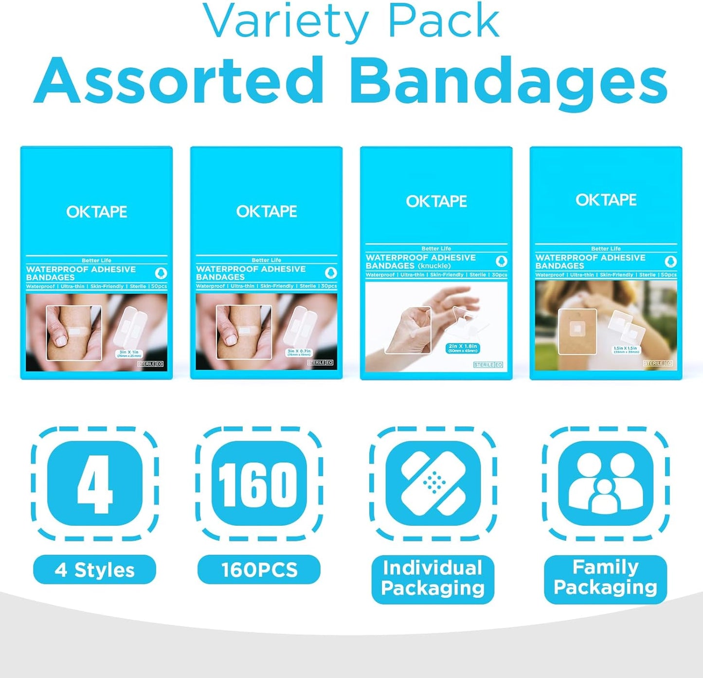 OK TAPE Waterproof Clear Adhesive Bandages, Bulk 160 ct Sheer Assorted Sizes with Individually Wraps for First-Aid Wound Care, Variety Bandage Pack for Minor Cuts & Scrapes - Stays Put in The Shower