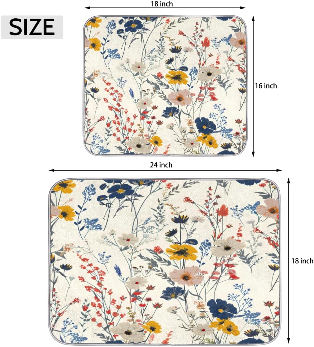 Hexteria Flower Dish Drying Mat for Kitchen Counter, Accessories Dish Rack Mat Drainer Pad Washable Microfiber Drying Mat, Vintage Plants Herbs Floral