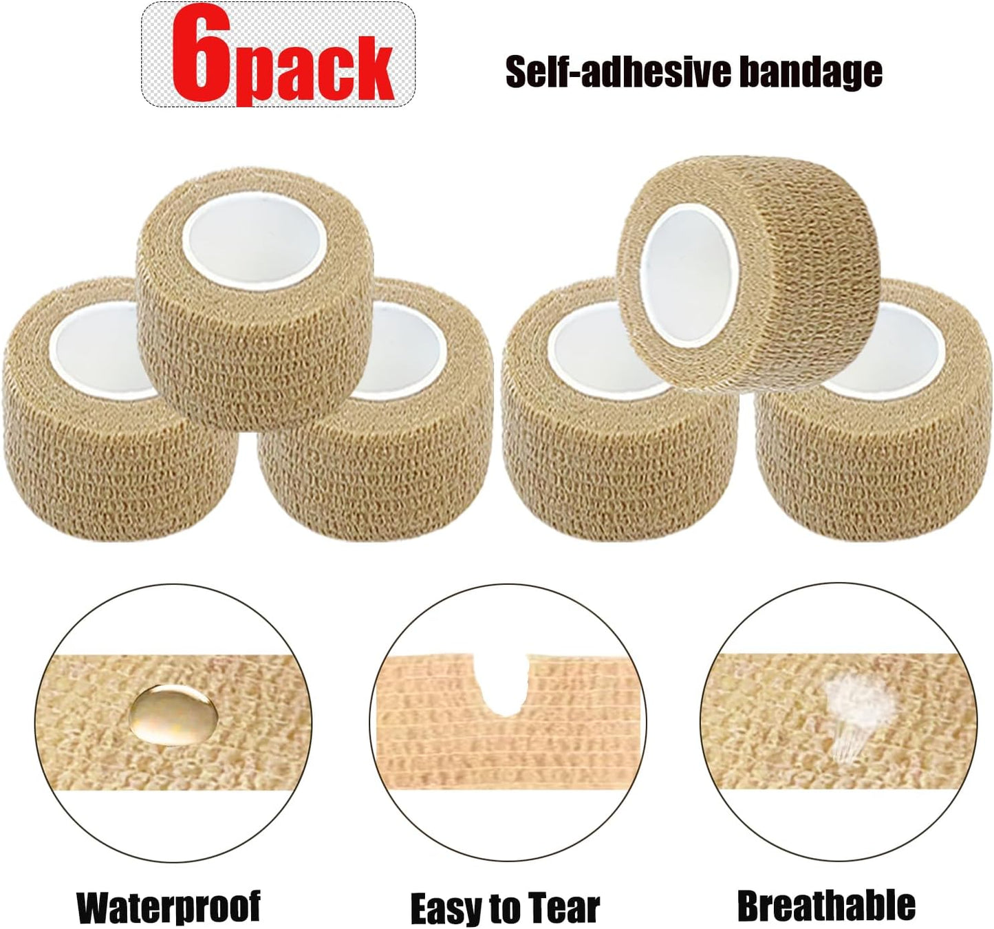 Hysiwen 6 Pack 1" x 5 Yards Self Adhesive Bandage Breathable Cohesive Wrap Self Adherent Vet Tape Self Stick Bandage Wrap for Sports, Athletic, Wrist, Ankle(Skin Color)