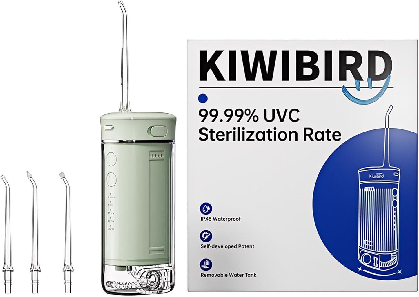 KIWIBIRD Mini Water Flosser for Travel, Ultra-Portable Cordless Oral Irrigator with UVC Light, IPX8 Waterproof 3 Modes, 230mL Teeth Cleaner for Tonsil Stones & Braces Care - Home & Travel (Green)