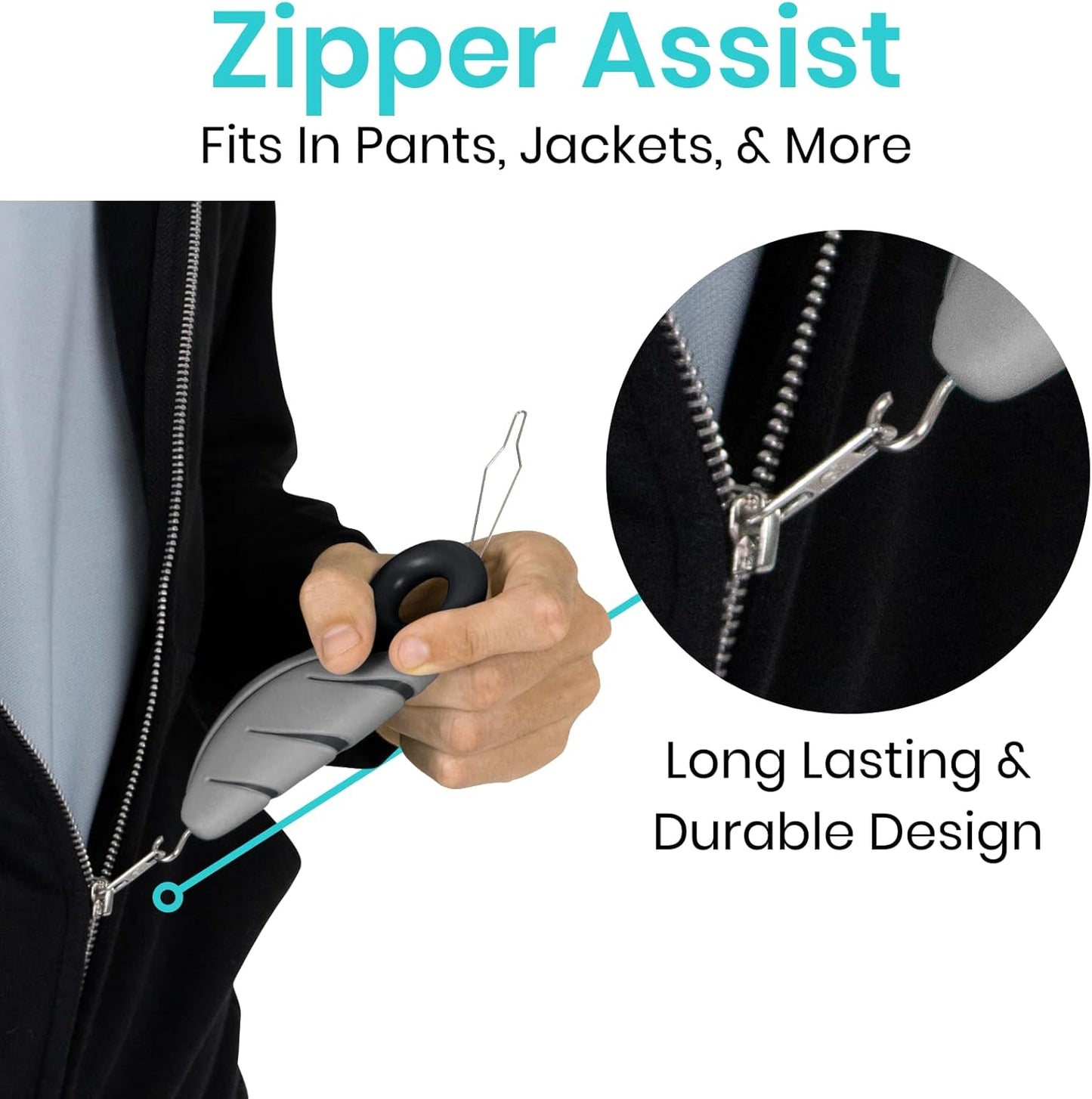 Vive Button Hook with Finger Hole - Zipper Gripper Pull Helper - Dressing Aid Assist - Buttoning Tool Device for Arthritis, Limited Mobility, Independent Living - Dexterity Handle Grip for Clothes