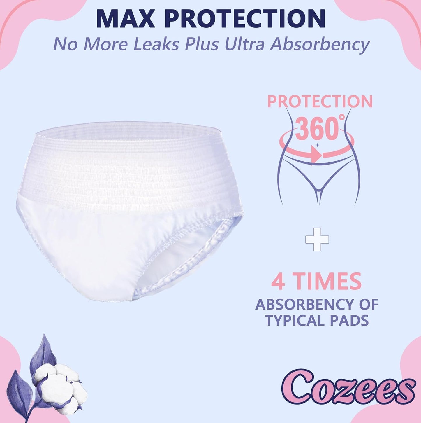 Cozees Disposable Period Underwear for Women, Menstrual and Postpartum High Absorbency, Cotton Covered Comfort, Made in USA (36 Count, Large/X-Large)