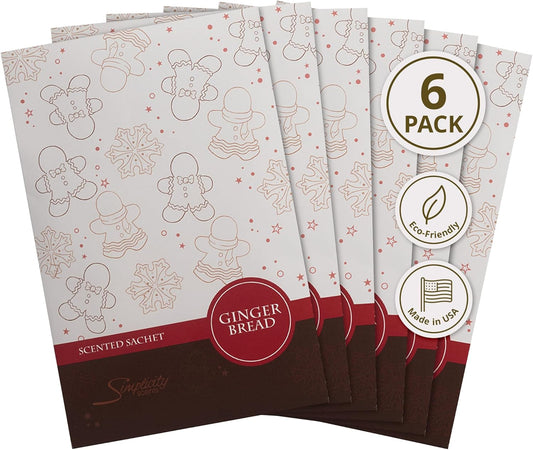 Simplicity Scents Gingerbread Scented Sachets Pack of 6, Fall & Winter - Long-Lasting Scented Bags, Home Fragrance, Air Freshener & Deodorizer for Closet, Room, Drawer, or Cars, Made in USA