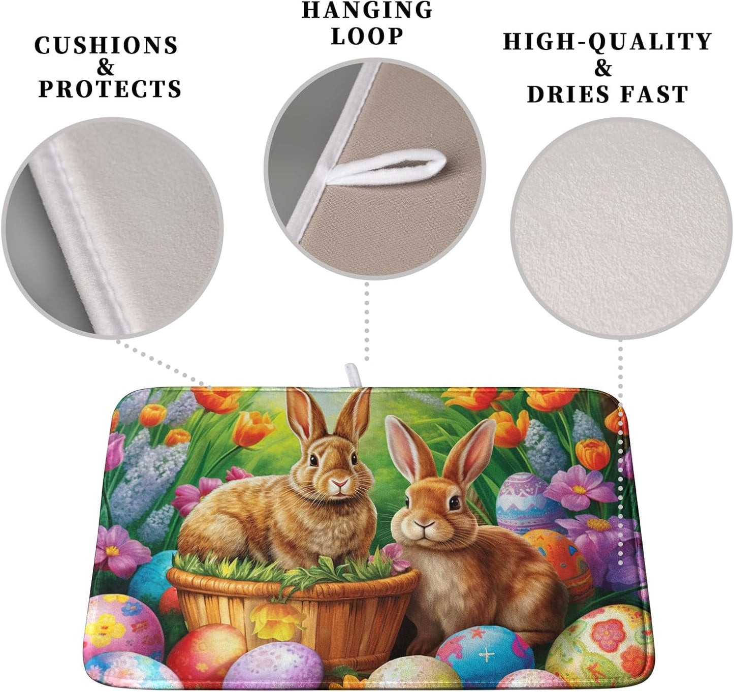 Easter Bunny Eggs Dish Drying Mat for Kitchen Counter, Tulip Floral Flower Drying Mat Spring Summer Holiday Dish Mat Drying Kitchen Mat Absorbent Kitchen Drying Mat for Sink 18x24Inch