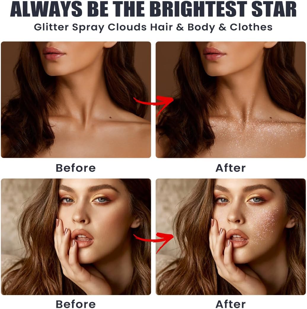 Glitter Spray for Hair and Body, Glitter Body Spray, Glitter Spray for Clothes, Quick-Drying Waterproofing Body Shimmer Suitable for Festival Rave 3.72fl Oz (White, 3.72 fl oz)