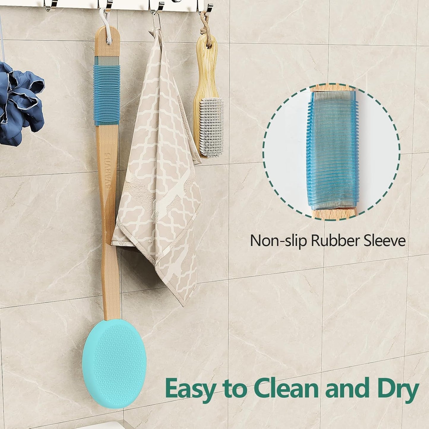 Lotion Applicator With 4 Replaceable Pads for Back, Self, Elderly, Women - Sunscreen and Cream Applicator With 17" Curved Handle for Easy Targeting of Back and Feet, Blue